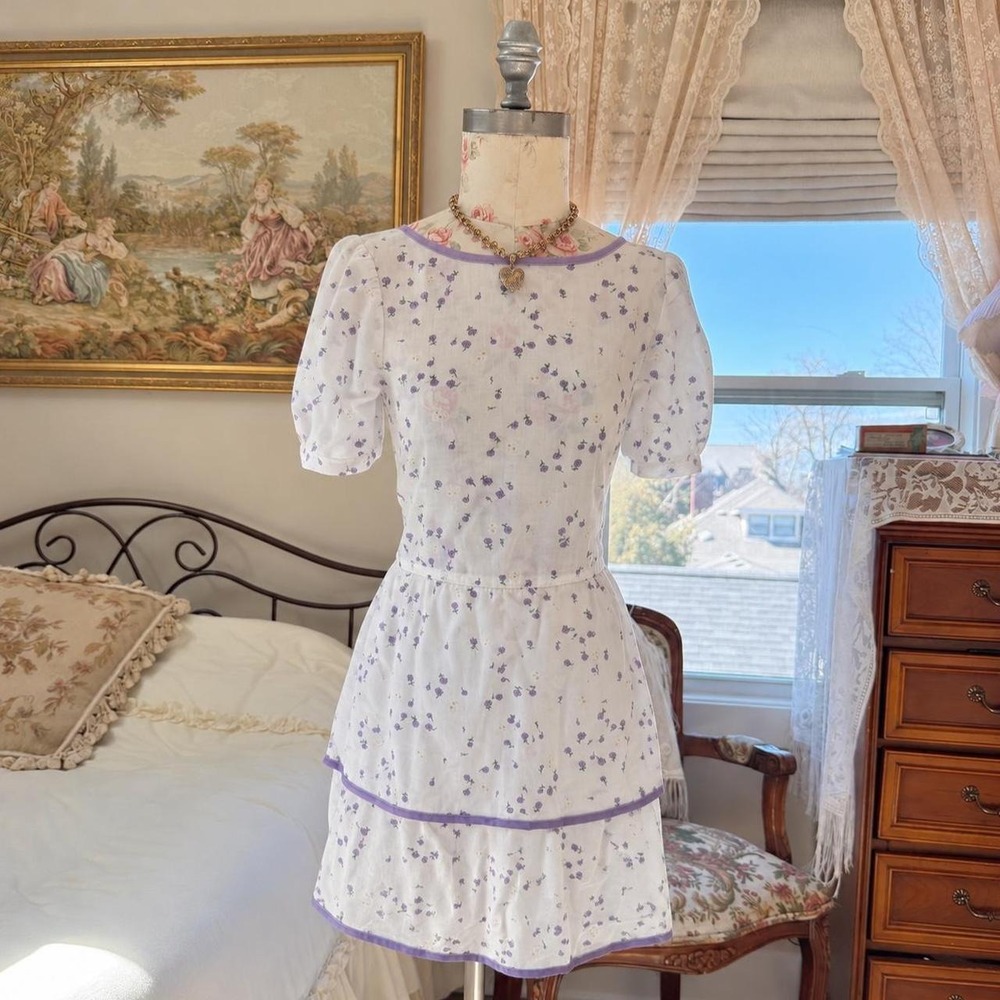 white floral dress  vintage 70s white and lavender floral dress